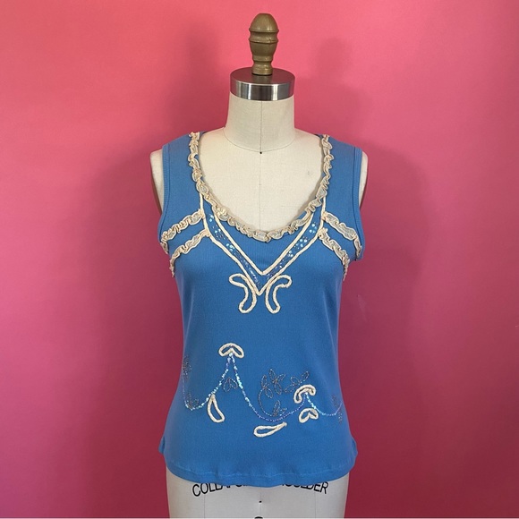 🌈4/$20🌈Vintage 90s/Y2K Baby Blue Fairy BalletCore Embellished Stretch Rib Tank - Picture 1 of 13